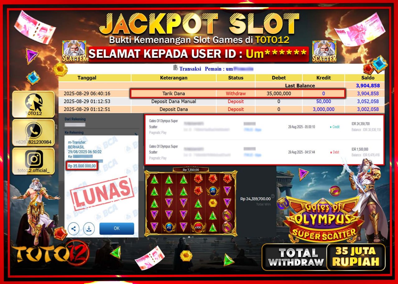 HANYA DI TOTO12 JP PASTI DI BAYAR LUNAS DAN CEPAT!!!!!! JACKPOT SLOT GAME (GATES OF OLYMPUS SUPER SCATTER) Rp.35.000.000 !!!!