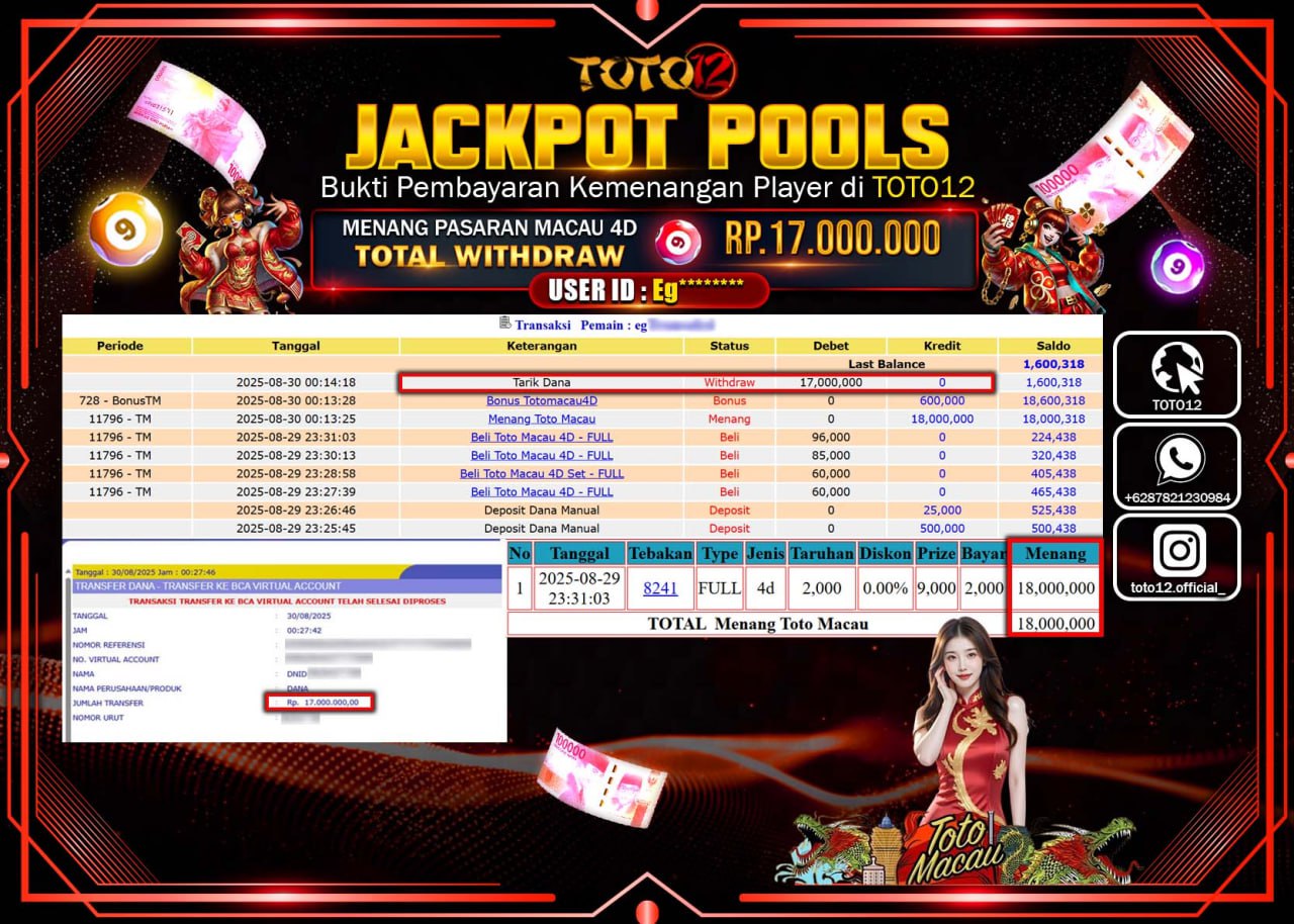 HANYA DI TOTO12 JP PASTI DI BAYAR LUNAS DAN CEPAT!!!!!! JACKPOT POOLS PASARAN (MACAU 4D) Rp.17.000.000 !!!!