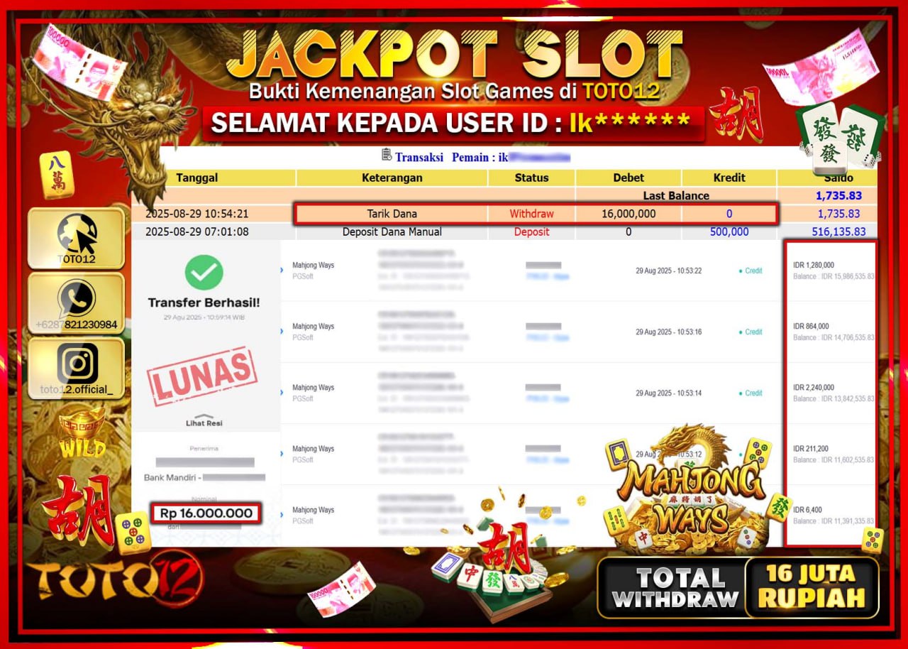 HANYA DI TOTO12 JP PASTI DI BAYAR LUNAS DAN CEPAT!!!!!! JACKPOT SLOT GAME (MAHJONG WAYS) Rp.16.000.000 !!!!