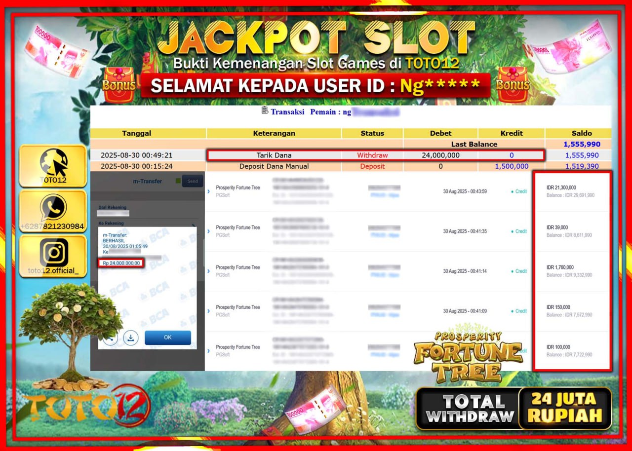 HANYA DI TOTO12 JP PASTI DI BAYAR LUNAS DAN CEPAT!!!!!! JACKPOT SLOT GAME (PROSPERITY FORTUNE TREE) Rp.24.000.000 !!!!