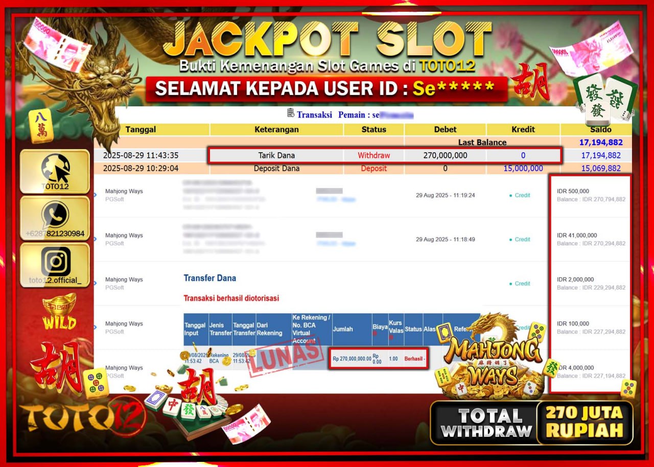 HANYA DI TOTO12 JP PASTI DI BAYAR LUNAS DAN CEPAT!!!!!! JACKPOT SLOT GAME (MAHJONG WAYS) Rp.270.000.000 !!!!