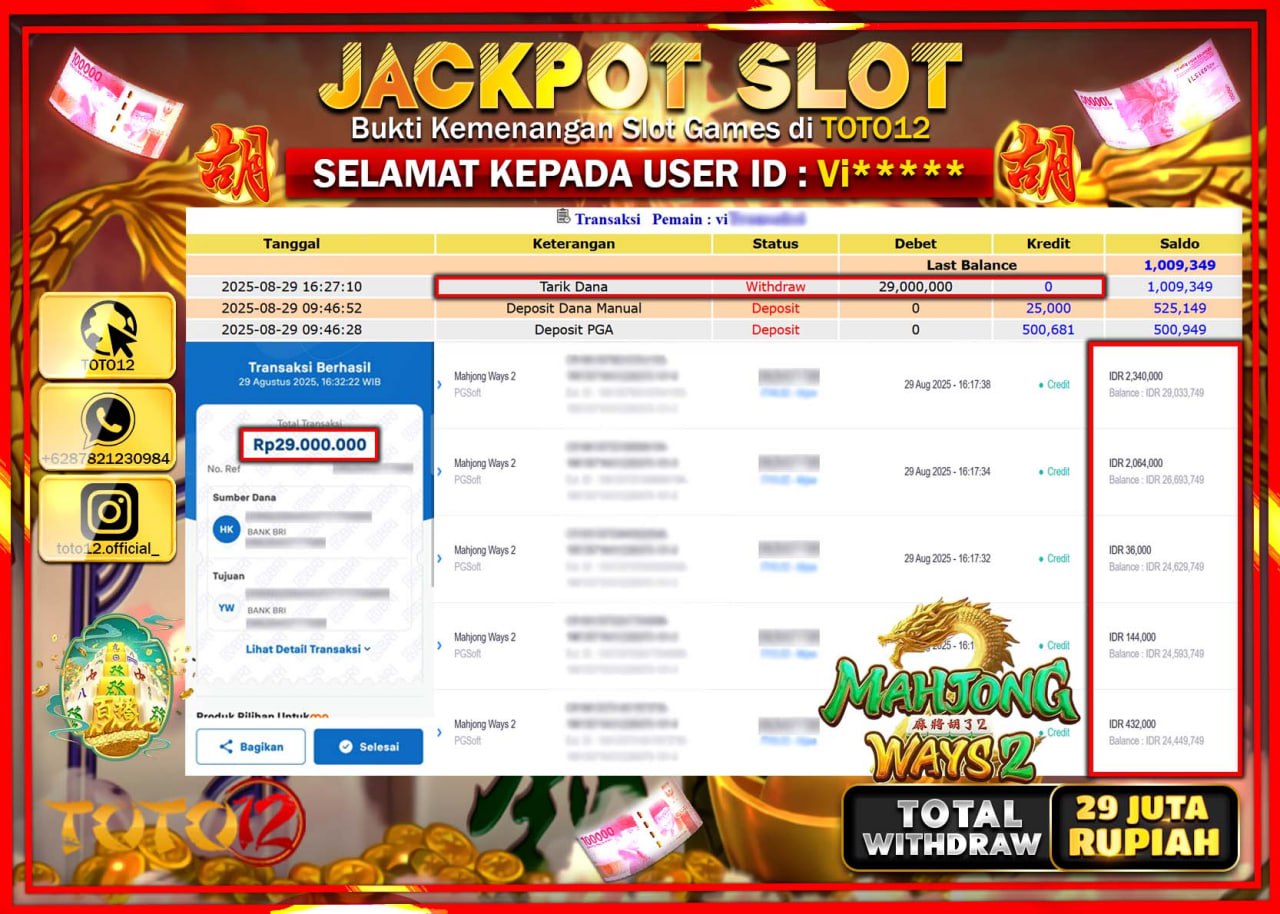HANYA DI TOTO12 JP PASTI DI BAYAR LUNAS DAN CEPAT!!!!!! JACKPOT SLOT GAME (MAHJONG WAYS 2) Rp.29.000.000 !!!!