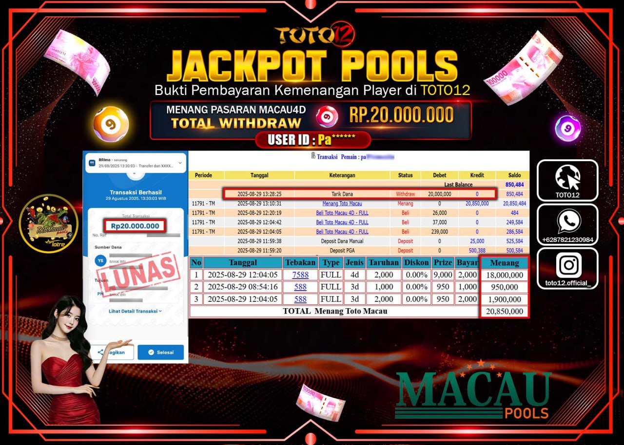 HANYA DI TOTO12 JP PASTI DI BAYAR LUNAS DAN CEPAT!!!!!! JACKPOT POOLS PASARAN (MACAU 4D) Rp.20.000.000 !!!!