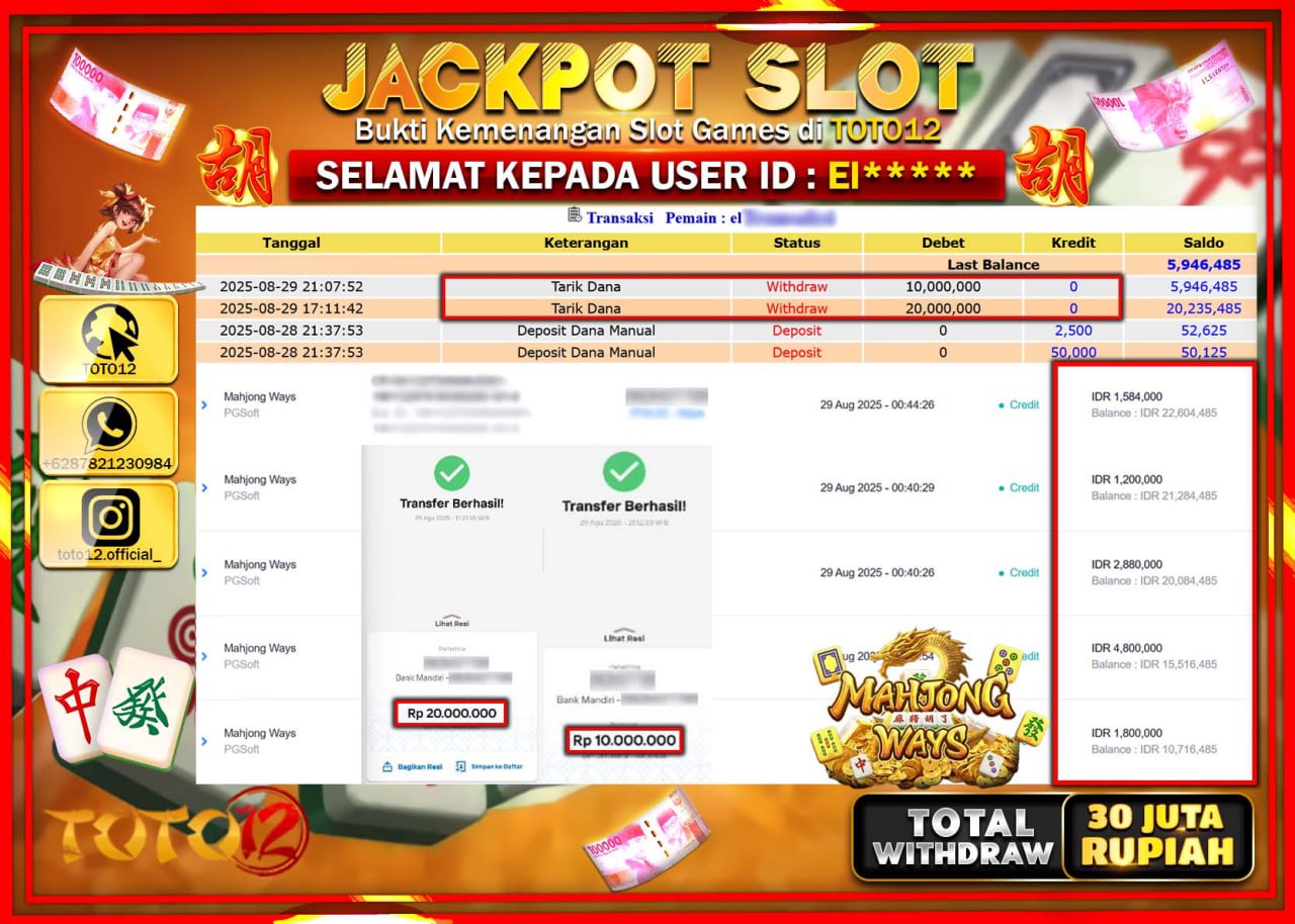 HANYA DI TOTO12 JP PASTI DI BAYAR LUNAS DAN CEPAT!!!!!! JACKPOT SLOT GAME (MAHJONG WAYS) Rp.30.000.000 !!!!