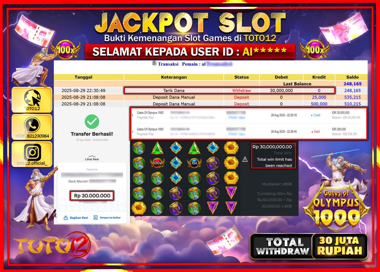 HANYA DI TOTO12 JP PASTI DI BAYAR LUNAS DAN CEPAT!!!!!! JACKPOT SLOT GAME (GATES OF OLYMPUS 1000) Rp.30.000.000 !!!!