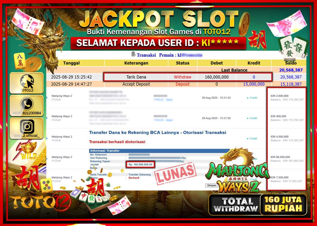 HANYA DI TOTO12 JP PASTI DI BAYAR LUNAS DAN CEPAT!!!!!! JACKPOT SLOT GAME (MAHJONG WAYS 2) Rp.160.000.000 !!!!