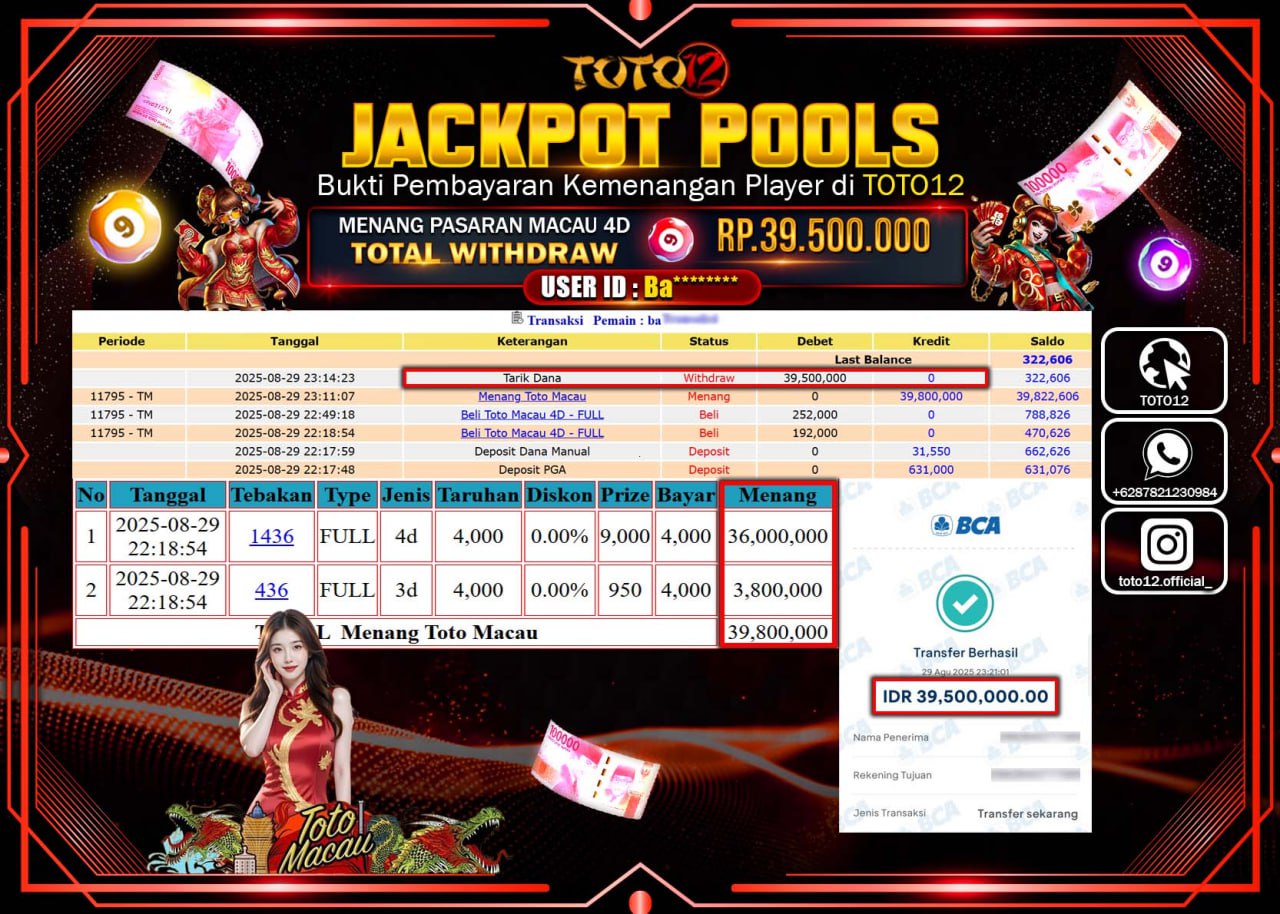 HANYA DI TOTO12 JP PASTI DI BAYAR LUNAS DAN CEPAT!!!!!! JACKPOT POOLS PASARAN (MACAU 4D) Rp.39.500.000 !!!!