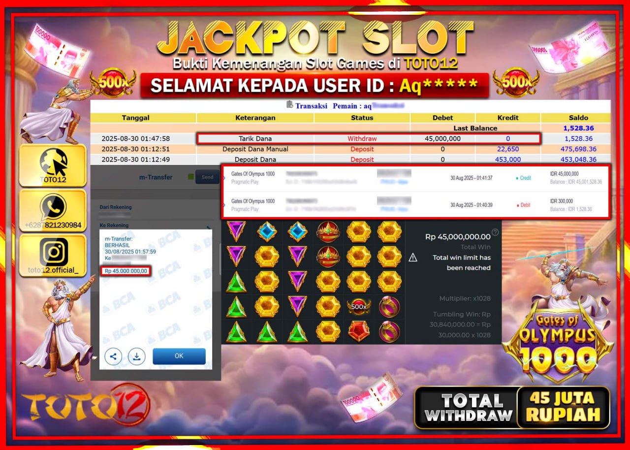 HANYA DI TOTO12 JP PASTI DI BAYAR LUNAS DAN CEPAT!!!!!! JACKPOT SLOT GAME (GATES OF OLYMPUS 1000) Rp.45.000.000 !!!!
