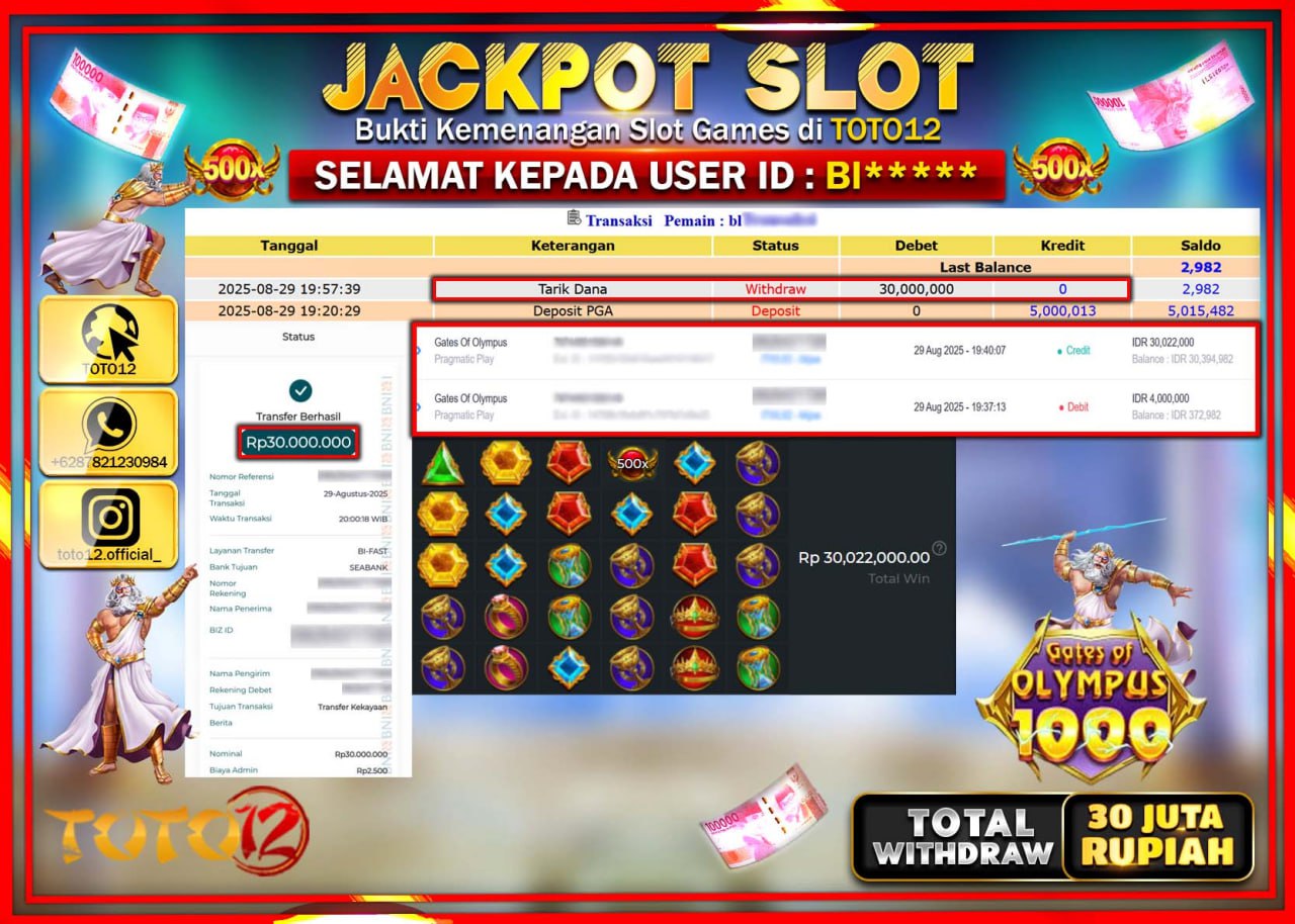 HANYA DI TOTO12 JP PASTI DI BAYAR LUNAS DAN CEPAT!!!!!! JACKPOT SLOT GAME (GATES OF OLYMPUS 1000) Rp.30.000.000 !!!!