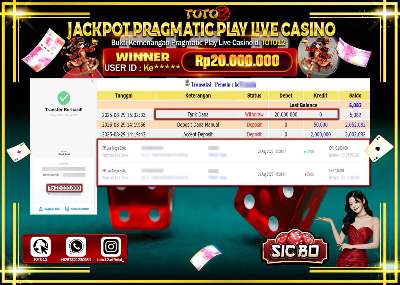 HANYA DI TOTO12 JP PASTI DI BAYAR LUNAS DAN CEPAT!!!!!! JACKPOT PRAGMATIC PLAY LIVE CASINO (SICBO) Rp.20.000.000 !!!!