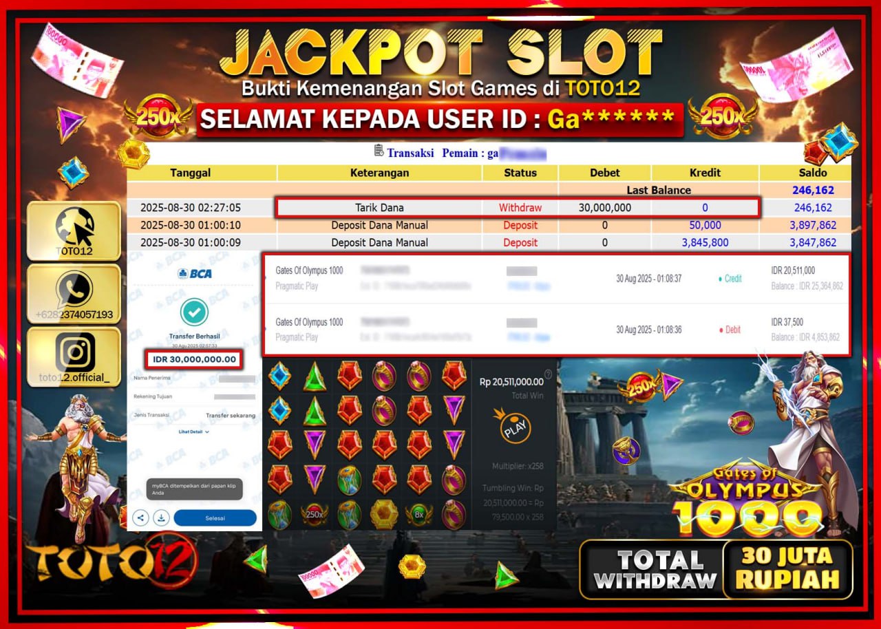 HANYA DI TOTO12 JP PASTI DI BAYAR LUNAS DAN CEPAT!!!!!! JACKPOT SLOT GAME (GATES OF OLYMPUS 1000) Rp.30.000.000 !!!!