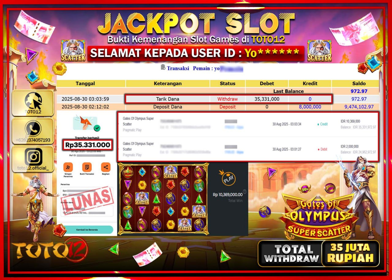 HANYA DI TOTO12 JP PASTI DI BAYAR LUNAS DAN CEPAT!!!!!! JACKPOT SLOT GAME (GATES OF OLYMPUS SUPER SCATTER) Rp.35.331.000 !!!!