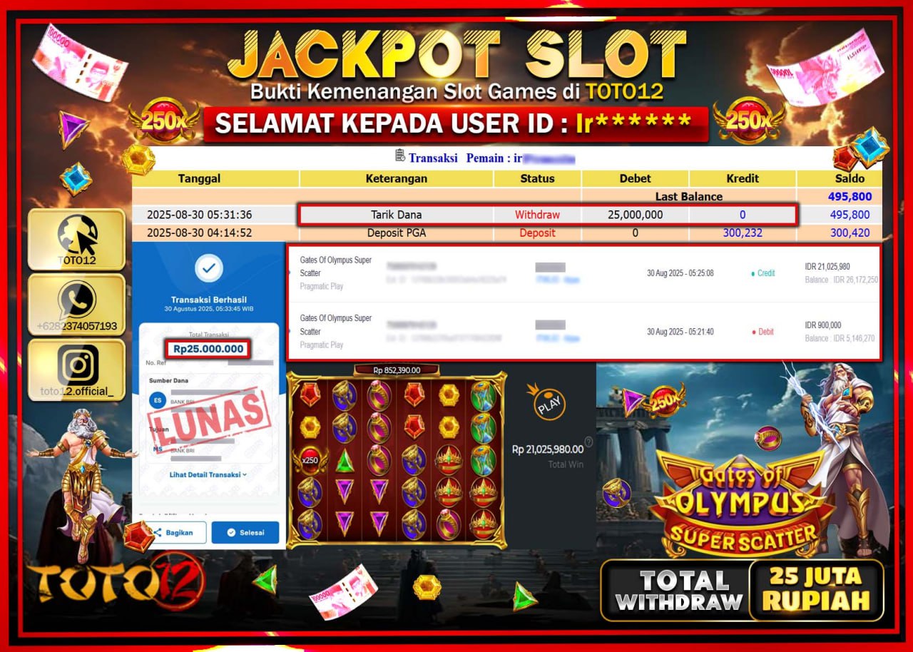 HANYA DI TOTO12 JP PASTI DI BAYAR LUNAS DAN CEPAT!!!!!! JACKPOT SLOT GAME (GATES OF OLYMPUS SUPER SCATTER) Rp.25.000.000 !!!!