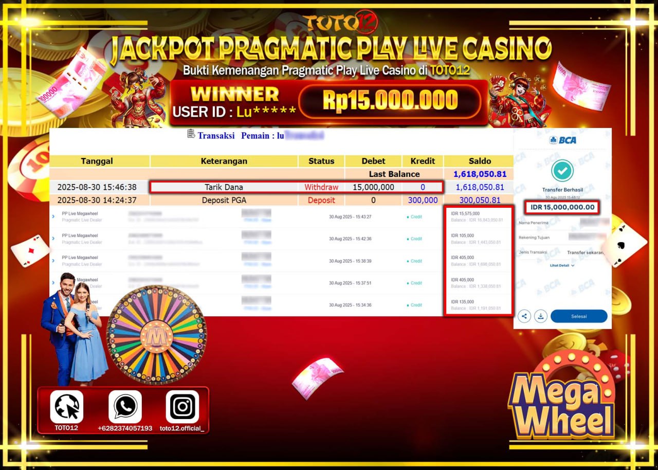 HANYA DI TOTO12 JP PASTI DI BAYAR LUNAS DAN CEPAT!!!!!! JACKPOT PRAGMATIC PLAY LIVE CASINO (MEGA WHEEL) Rp.15.000.000 !!!!
