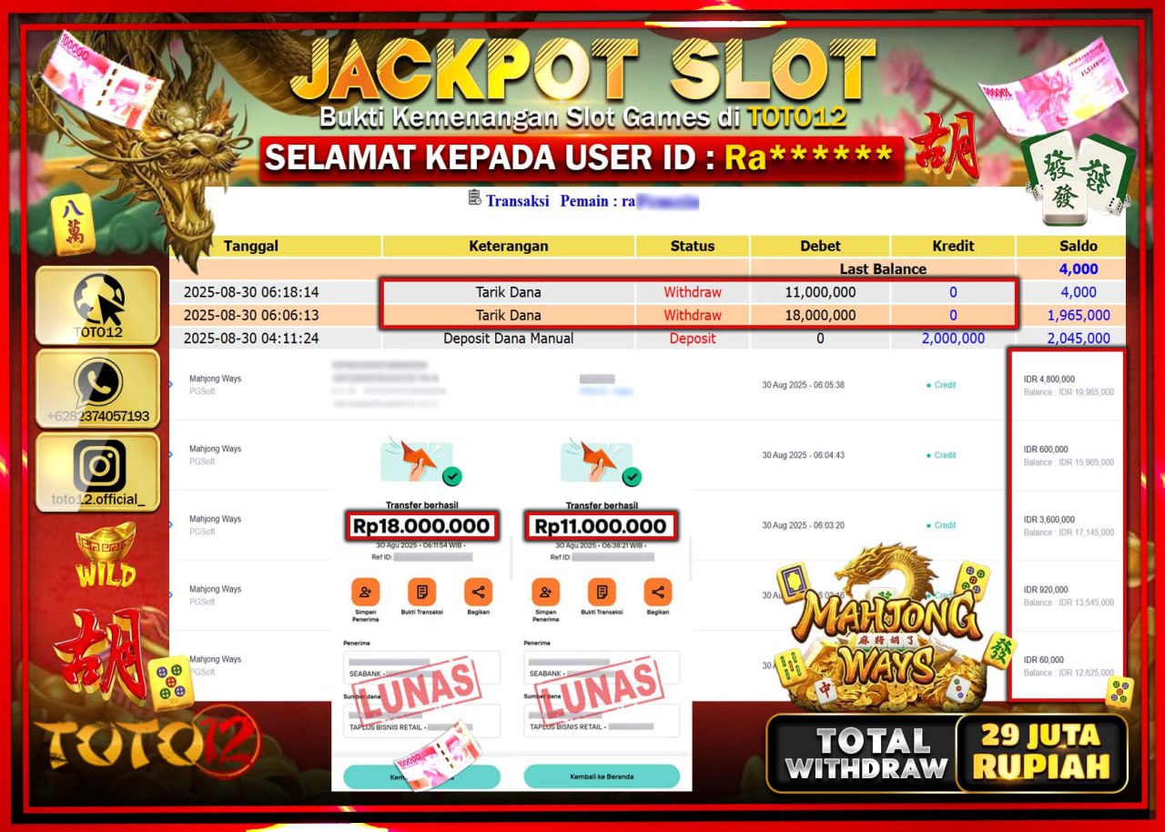 HANYA DI TOTO12 JP PASTI DI BAYAR LUNAS DAN CEPAT!!!!!! JACKPOT SLOT GAME (MAHJONG WAYS) Rp.29.000.000 !!!!