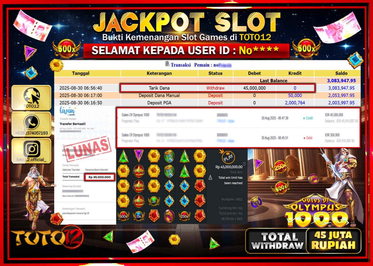 HANYA DI TOTO12 JP PASTI DI BAYAR LUNAS DAN CEPAT!!!!!! JACKPOT SLOT GAME (GATES OF OLYMPUS 1000) Rp.45.000.000 !!!!