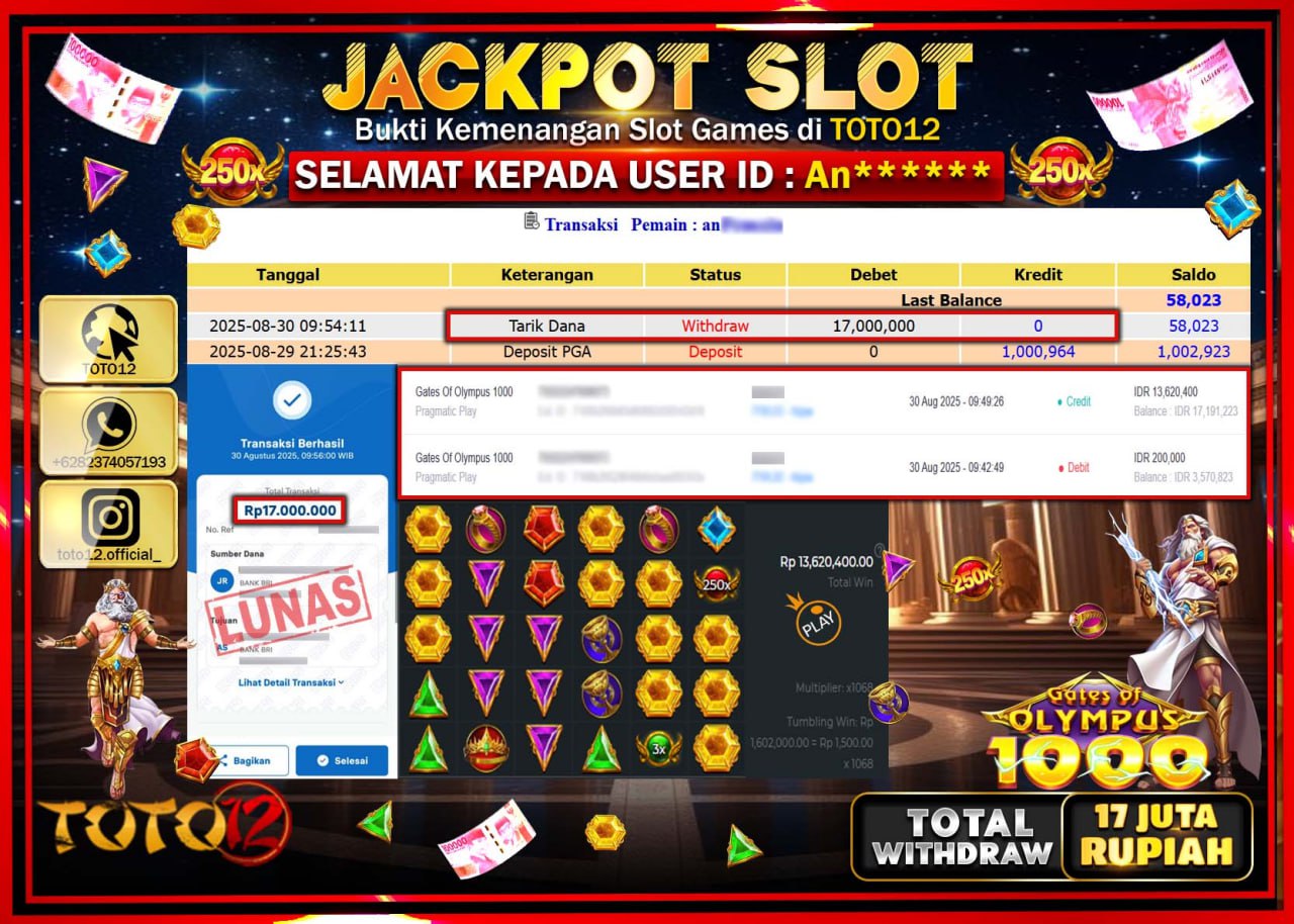 HANYA DI TOTO12 JP PASTI DI BAYAR LUNAS DAN CEPAT!!!!!! JACKPOT SLOT GAME (GATES OF OLYMPUS 1000) Rp.17.000.000 !!!!