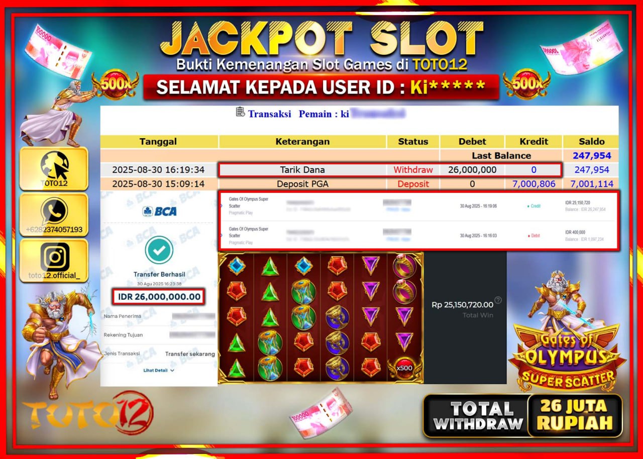 HANYA DI TOTO12 JP PASTI DI BAYAR LUNAS DAN CEPAT!!!!!! JACKPOT SLOT GAME (GATES OF OLYMPUS SUPER SCATTER) Rp.26.000.000 !!!!