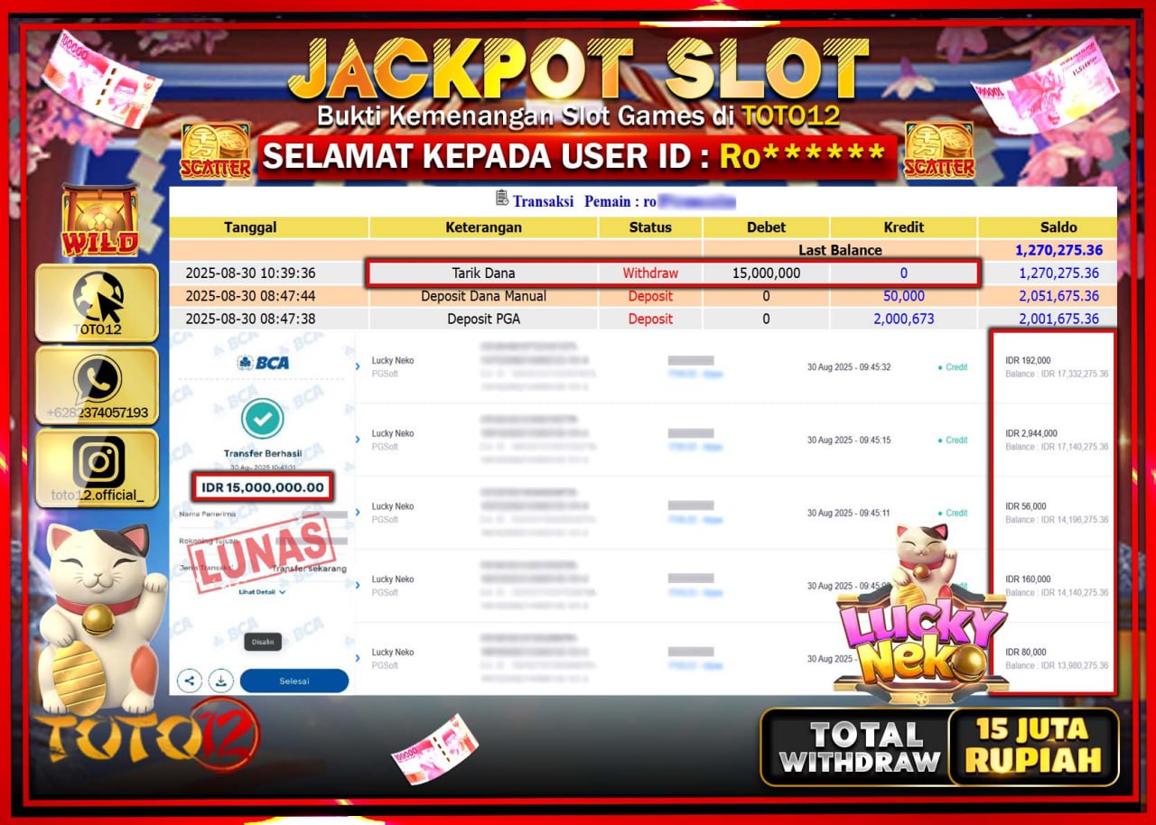 HANYA DI TOTO12 JP PASTI DI BAYAR LUNAS DAN CEPAT!!!!!! JACKPOT SLOT GAME (LUCKY NEKO) Rp.15.000.000 !!!!