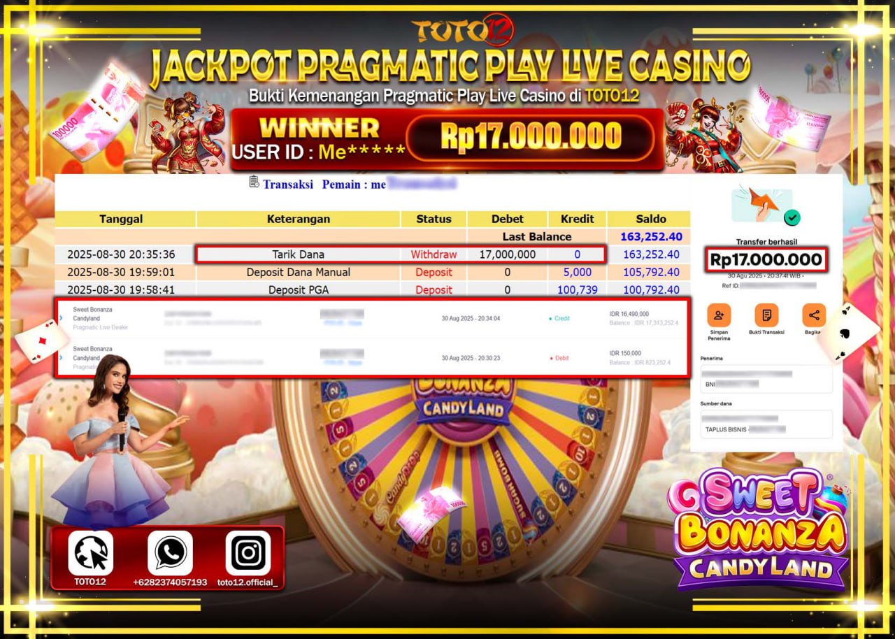 HANYA DI TOTO12 JP PASTI DI BAYAR LUNAS DAN CEPAT!!!!!! JACKPOT PRAGMATIC PLAY LIVE CASINO (SWEET BONANZA CANDY LAND) Rp.17.000.000 !!!!