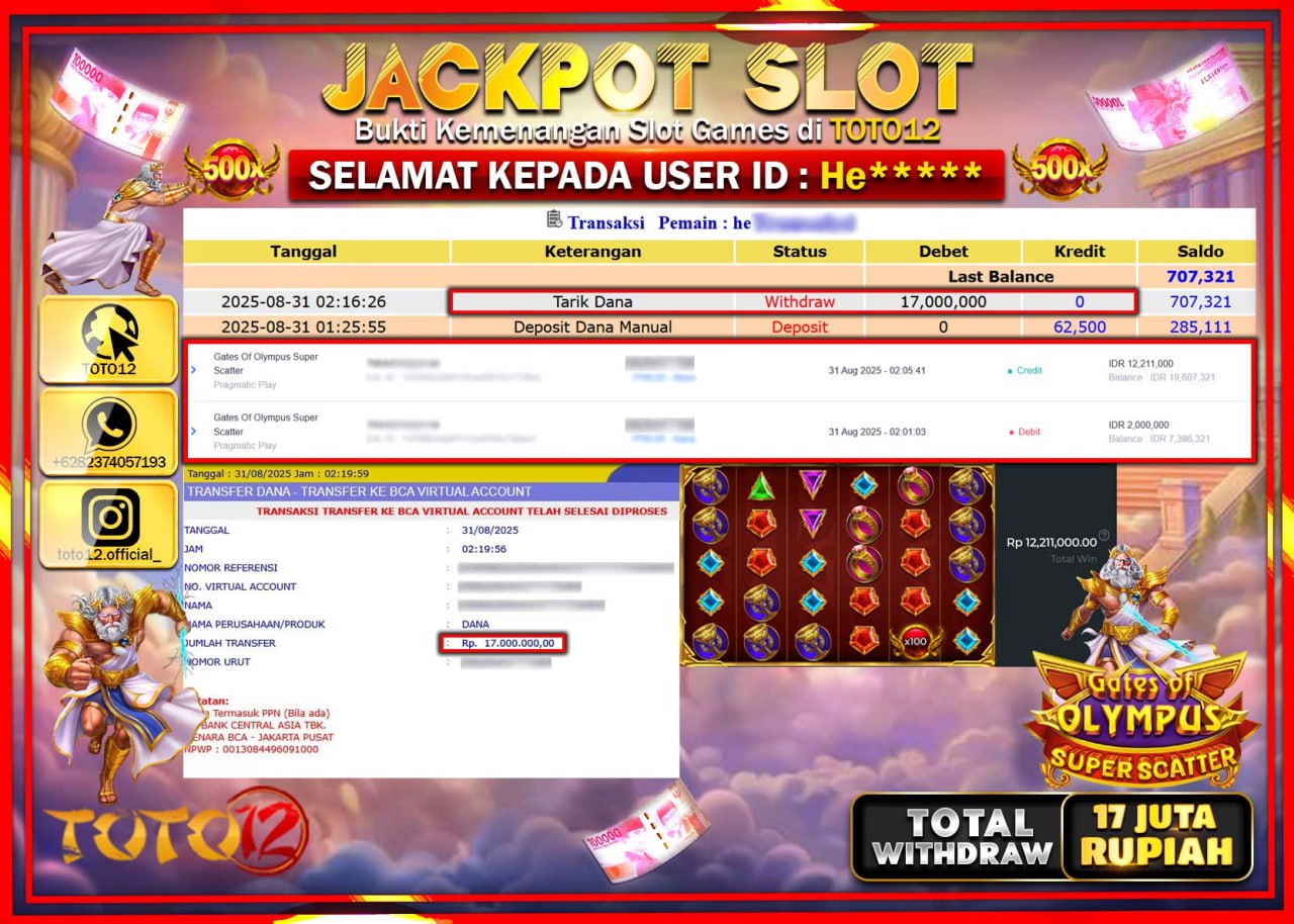 HANYA DI TOTO12 JP PASTI DI BAYAR LUNAS DAN CEPAT!!!!!! JACKPOT SLOT GAME (GATES OF OLYMPUS SUPER SCATTER) Rp.17.000.000 !!!!
