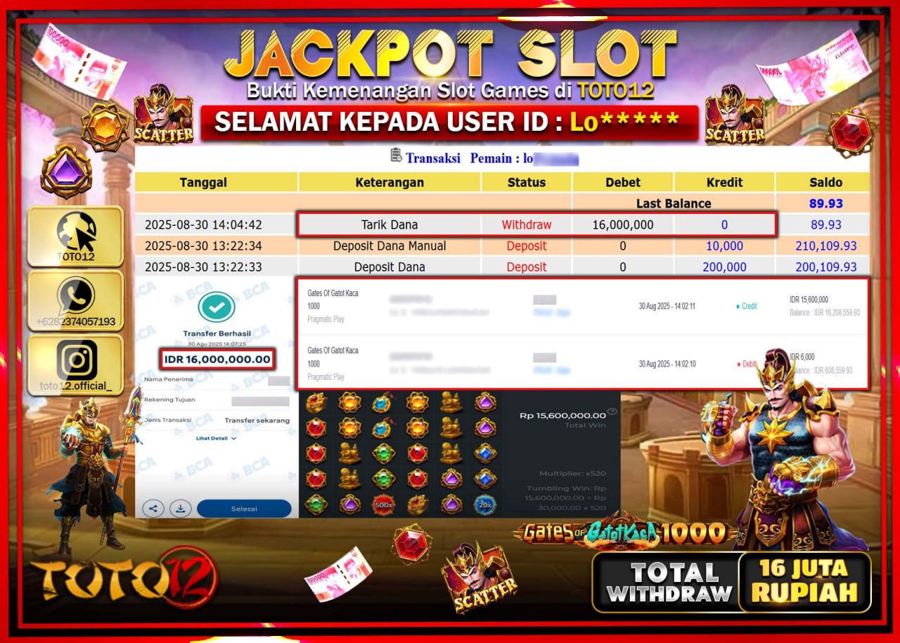 HANYA DI TOTO12 JP PASTI DI BAYAR LUNAS DAN CEPAT!!!!!! JACKPOT SLOT GAME (GATES OF GATOT KACA 1000) Rp.16.000.000 !!!!