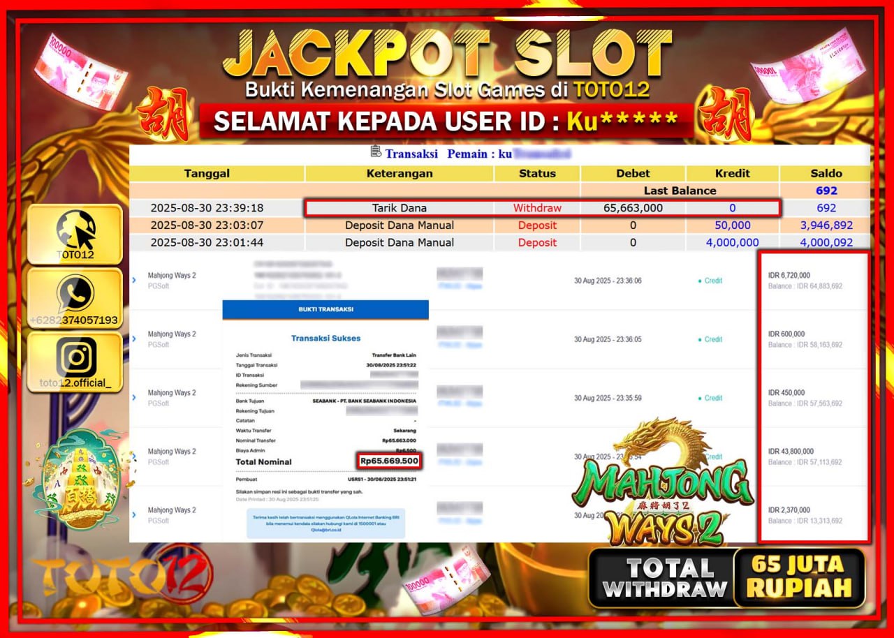 HANYA DI TOTO12 JP PASTI DI BAYAR LUNAS DAN CEPAT!!!!!! JACKPOT SLOT GAME (MAHJONG WAYS 2) Rp.65.663.000 !!!!