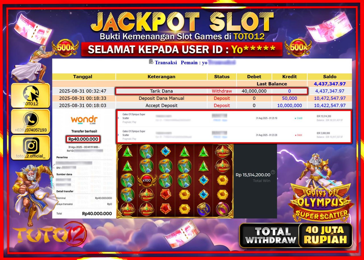 HANYA DI TOTO12 JP PASTI DI BAYAR LUNAS DAN CEPAT!!!!!! JACKPOT SLOT GAME (GATES OF OLYMPUS SUPER SCATTER) Rp.40.000.000 !!!!