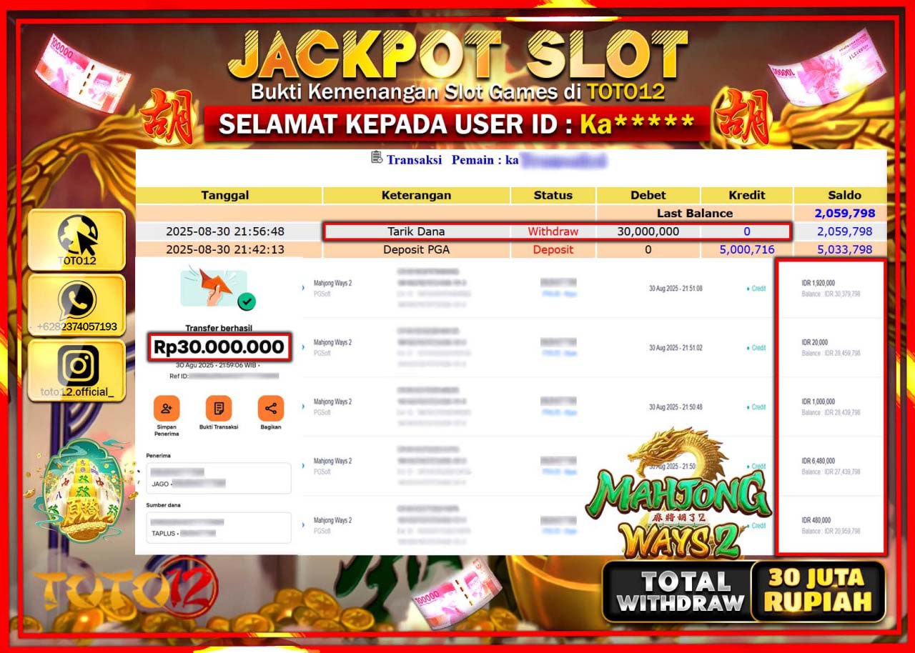 HANYA DI TOTO12 JP PASTI DI BAYAR LUNAS DAN CEPAT!!!!!! JACKPOT SLOT GAME (MAHJONG WAYS 2) Rp.30.000.000 !!!!