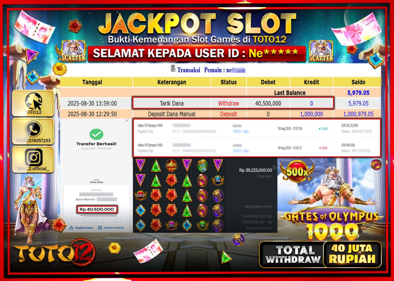 HANYA DI TOTO12 JP PASTI DI BAYAR LUNAS DAN CEPAT!!!!!! JACKPOT SLOT GAME (GATES OF OLYMPUS 1000) Rp.40.500.000 !!!!