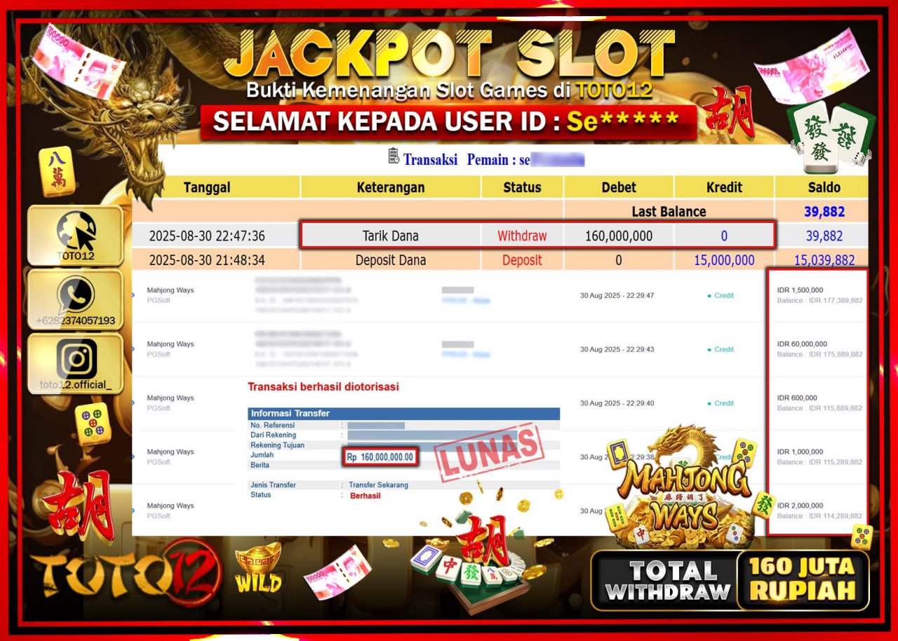 HANYA DI TOTO12 JP PASTI DI BAYAR LUNAS DAN CEPAT!!!!!! JACKPOT SLOT GAME (MAHJONG WAYS) Rp.160.000.000 !!!!