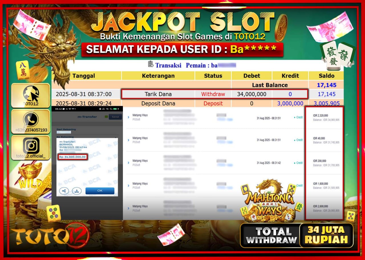 HANYA DI TOTO12 JP PASTI DI BAYAR LUNAS DAN CEPAT!!!!!! JACKPOT SLOT GAME (MAHJONG WAYS) Rp.34.000.000 !!!!