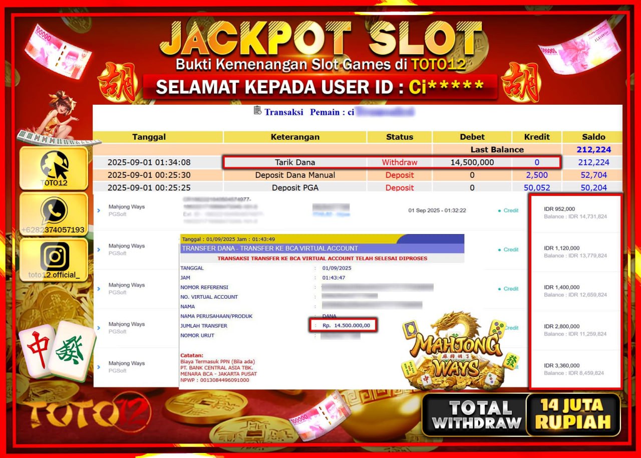 HANYA DI TOTO12 JP PASTI DI BAYAR LUNAS DAN CEPAT!!!!!! JACKPOT SLOT GAME (MAHJONG WAYS) Rp.14.500.000 !!!!