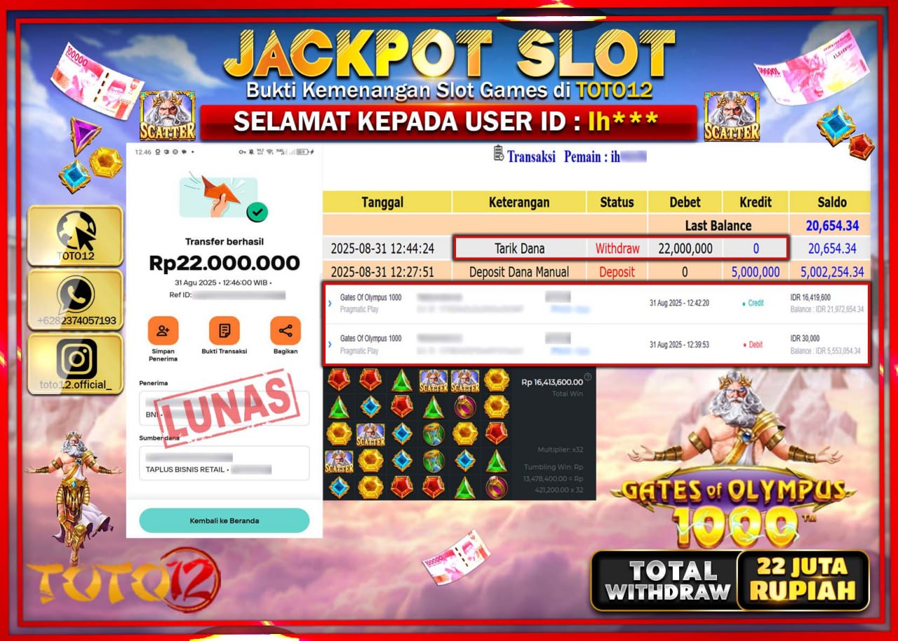 HANYA DI TOTO12 JP PASTI DI BAYAR LUNAS DAN CEPAT!!!!!! JACKPOT SLOT GAME (GATES OF OLYMPUS 1000) Rp.22.000.000 !!!!
