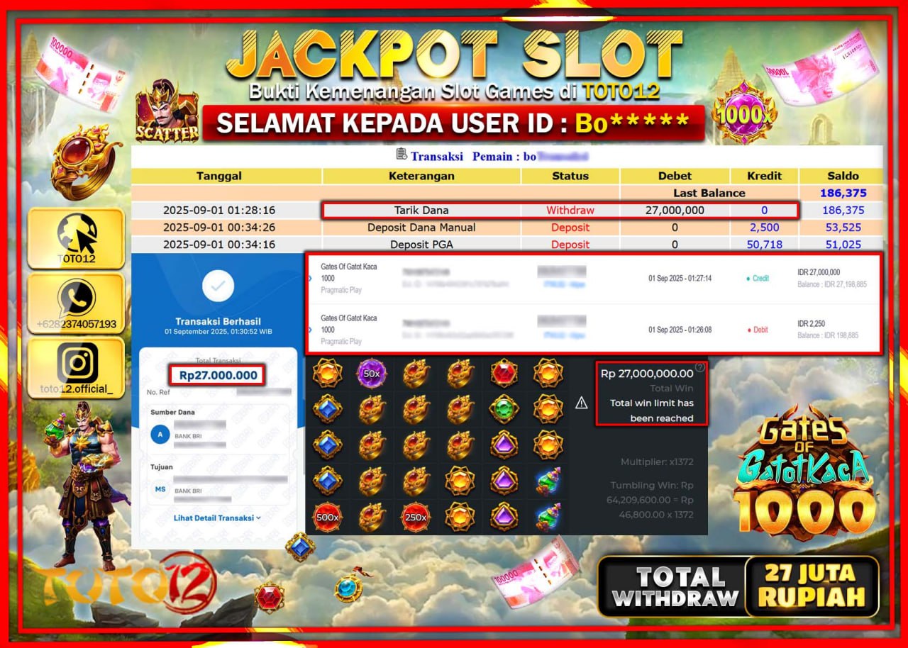 HANYA DI TOTO12 JP PASTI DI BAYAR LUNAS DAN CEPAT!!!!!! JACKPOT SLOT GAME (GATES OF GATOT KACA 1000) Rp.27.000.000 !!!!