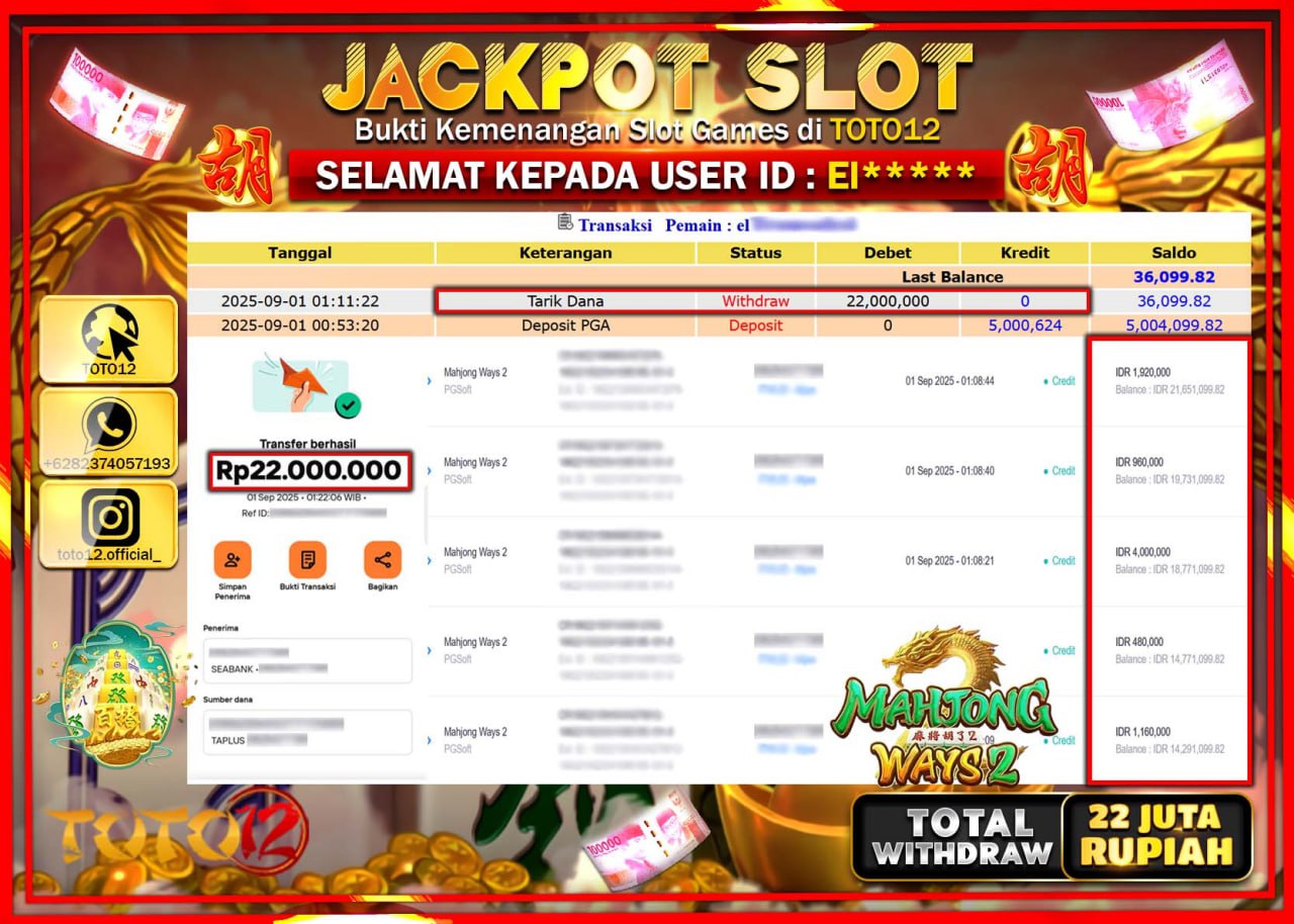 HANYA DI TOTO12 JP PASTI DI BAYAR LUNAS DAN CEPAT!!!!!! JACKPOT SLOT GAME (MAHJONG WAYS 2) Rp.22.000.000 !!!!