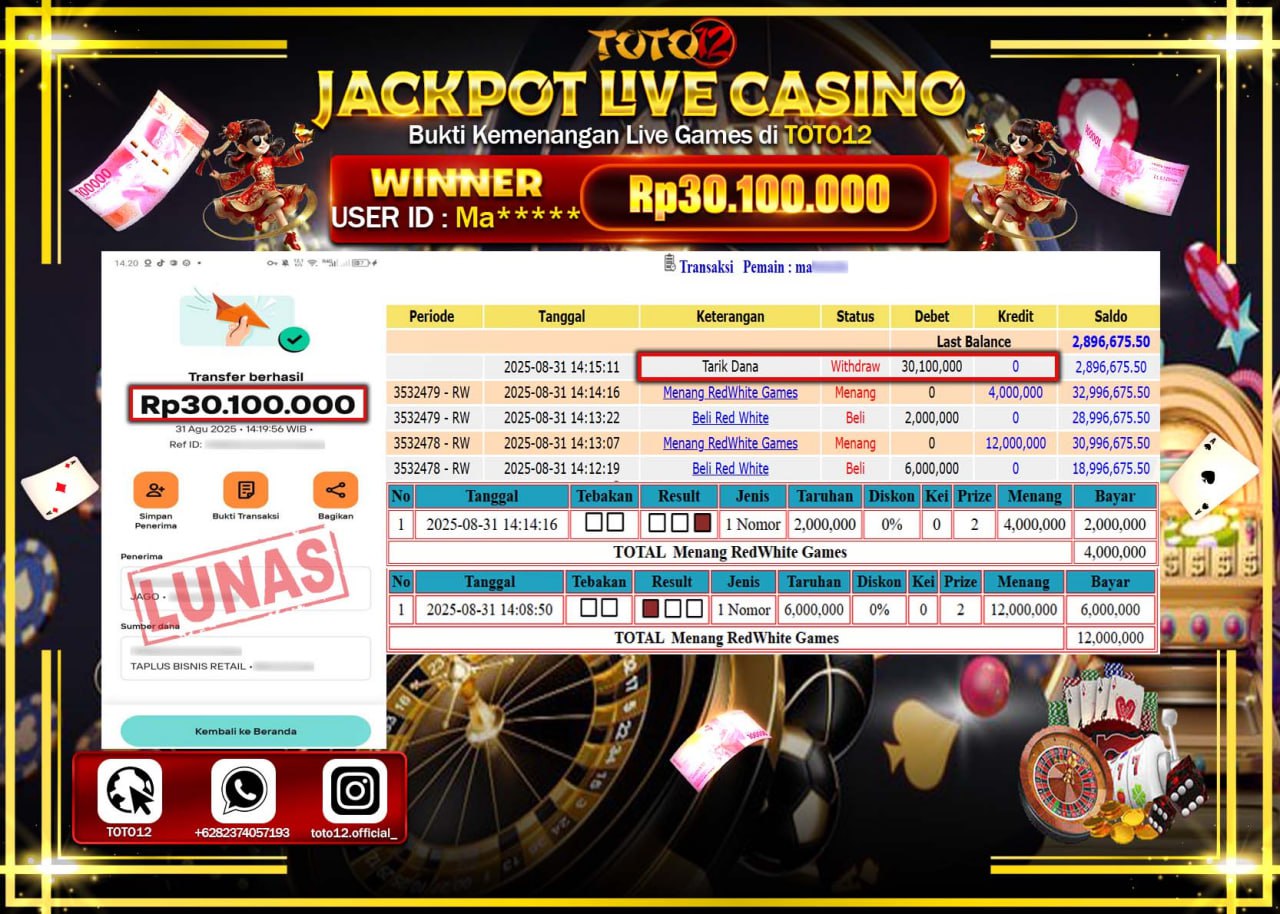 HANYA DI TOTO12 JP PASTI DI BAYAR LUNAS DAN CEPAT!!!!!! JACKPOT LIVE CASINO (RED WHITE GAMES) Rp.30.100.000 !!!!