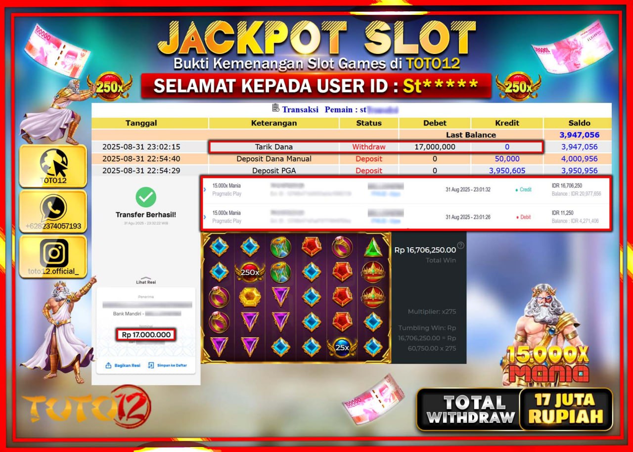 HANYA DI TOTO12 JP PASTI DI BAYAR LUNAS DAN CEPAT!!!!!! JACKPOT SLOT GAME (15.000X MANIA) Rp.17.000.000 !!!!
