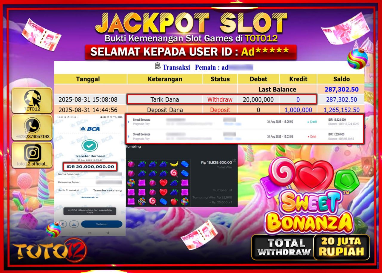 HANYA DI TOTO12 JP PASTI DI BAYAR LUNAS DAN CEPAT!!!!!! JACKPOT SLOT GAME (SWEET BONANZA) Rp.20.000.000 !!!!