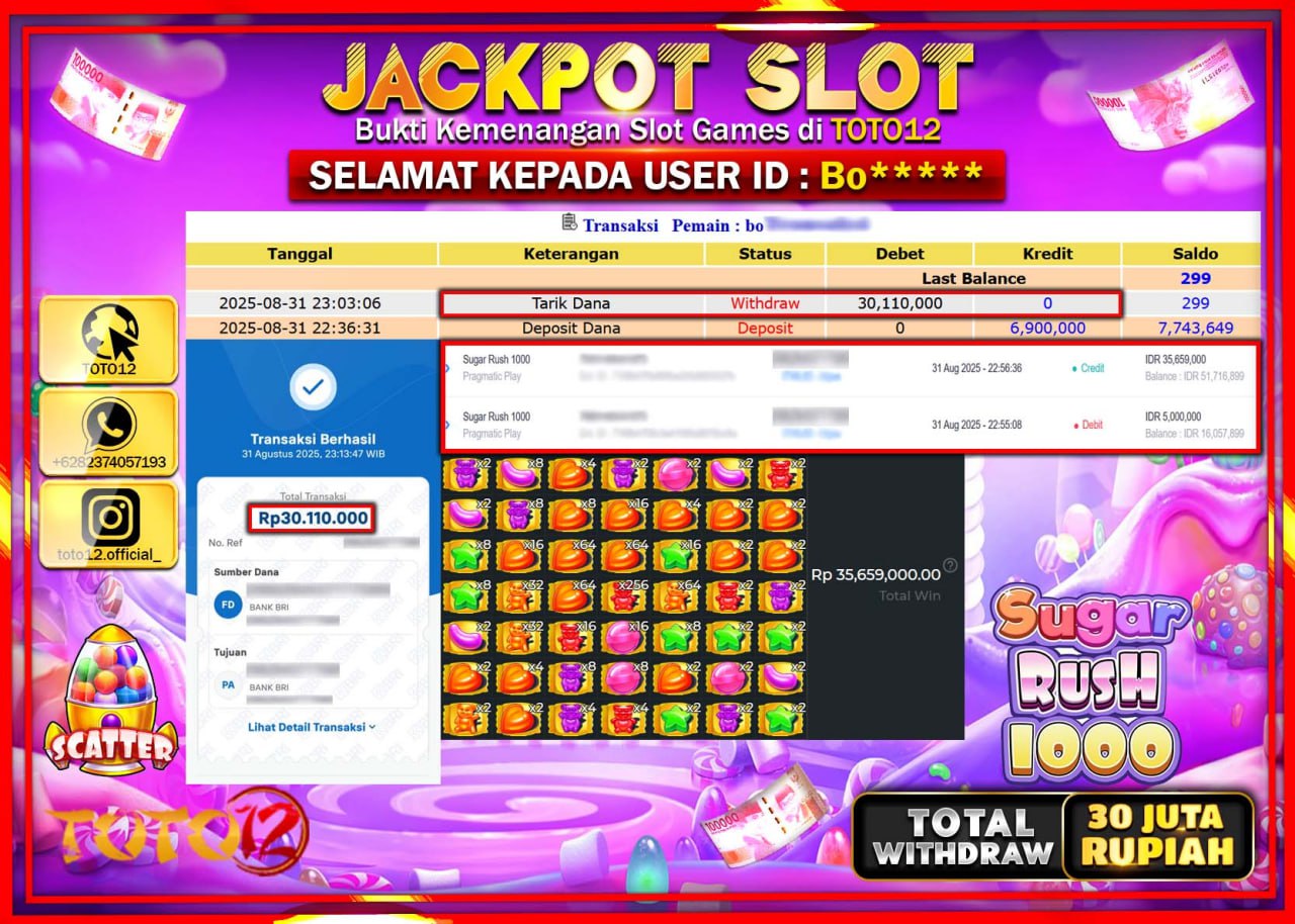 HANYA DI TOTO12 JP PASTI DI BAYAR LUNAS DAN CEPAT!!!!!! JACKPOT SLOT GAME (SUGAR RUSH 1000) Rp.30.110.000 !!!!