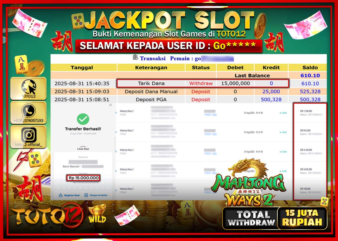 HANYA DI TOTO12 JP PASTI DI BAYAR LUNAS DAN CEPAT!!!!!! JACKPOT SLOT GAME (MAHJONG WAYS 2) Rp.15.000.000 !!!!
