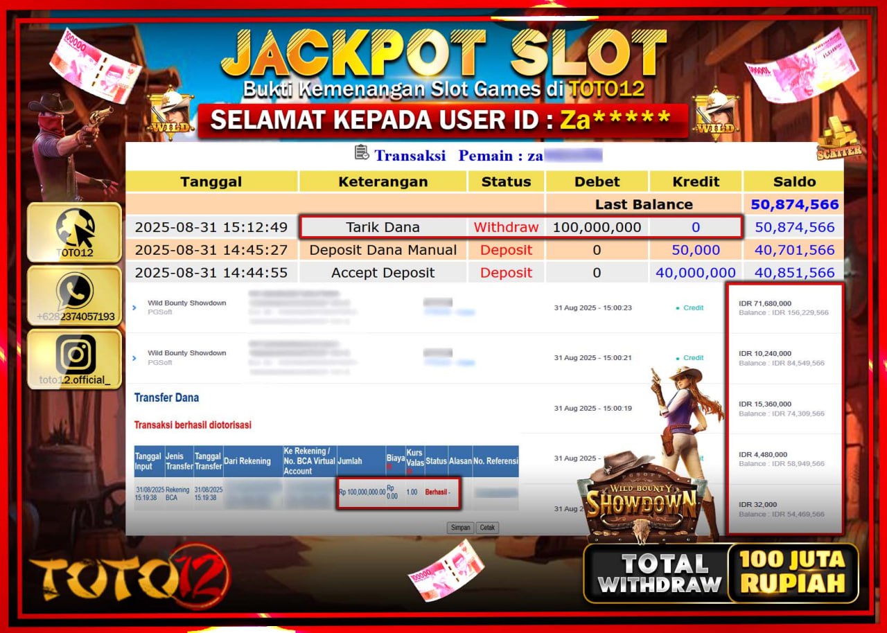 HANYA DI TOTO12 JP PASTI DI BAYAR LUNAS DAN CEPAT!!!!!! JACKPOT SLOT GAME (WILD BOUNTY SHOWDOWN) Rp.100.000.000 !!!!