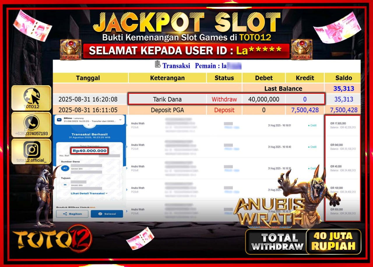 HANYA DI TOTO12 JP PASTI DI BAYAR LUNAS DAN CEPAT!!!!!! JACKPOT SLOT GAME (ANUBIS WRATH) Rp.40.000.000 !!!!