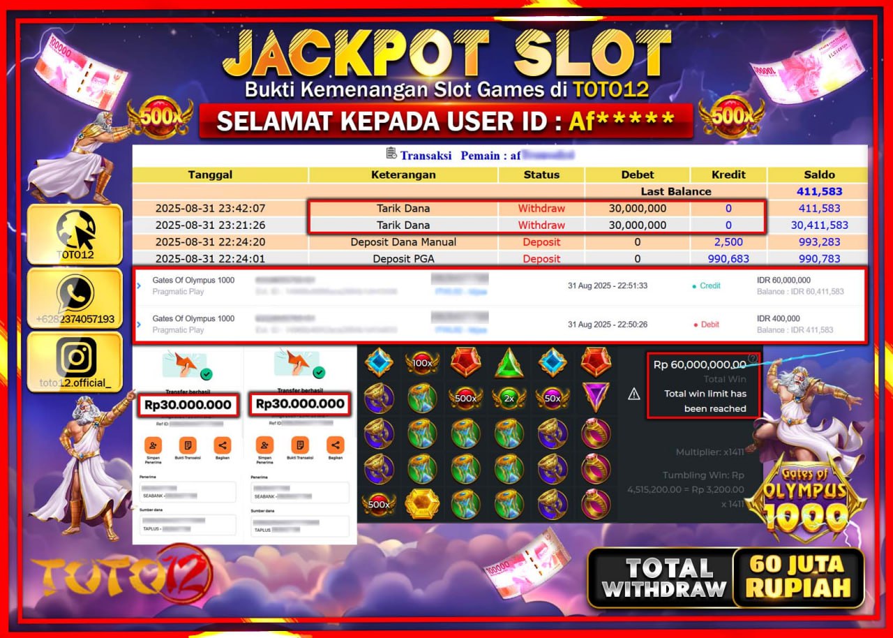 HANYA DI TOTO12 JP PASTI DI BAYAR LUNAS DAN CEPAT!!!!!! JACKPOT SLOT GAME (GATES OF OLYMPUS 1000) Rp.60.000.000 !!!!