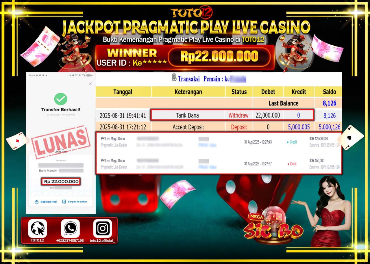 HANYA DI TOTO12 JP PASTI DI BAYAR LUNAS DAN CEPAT!!!!!! JACKPOT PRAGMATIC PLAY LIVE CASINO (SIC BO) Rp.22.000.000 !!!!