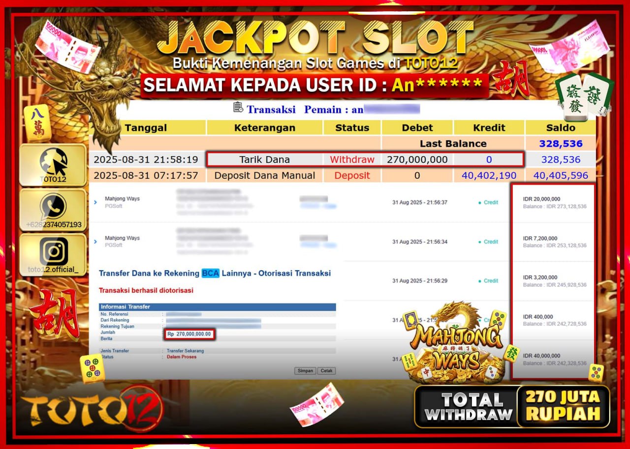 HANYA DI TOTO12 JP PASTI DI BAYAR LUNAS DAN CEPAT!!!!!! JACKPOT SLOT GAME (MAHJONG WAYS) Rp.270.000.000 !!!!