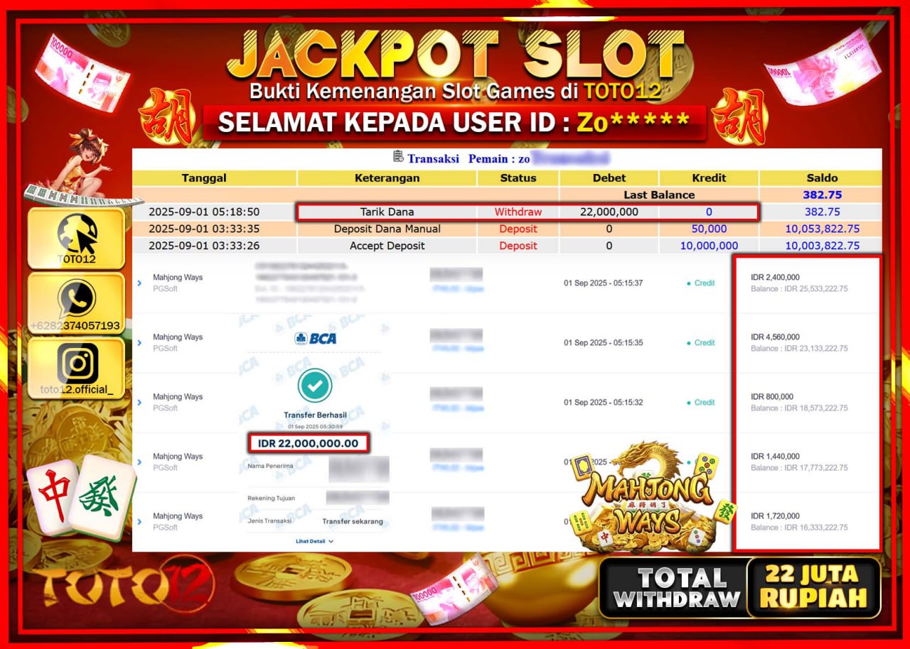HANYA DI TOTO12 JP PASTI DI BAYAR LUNAS DAN CEPAT!!!!!! JACKPOT SLOT GAME (MAHJONG WAYS) Rp.22.000.000 !!!!