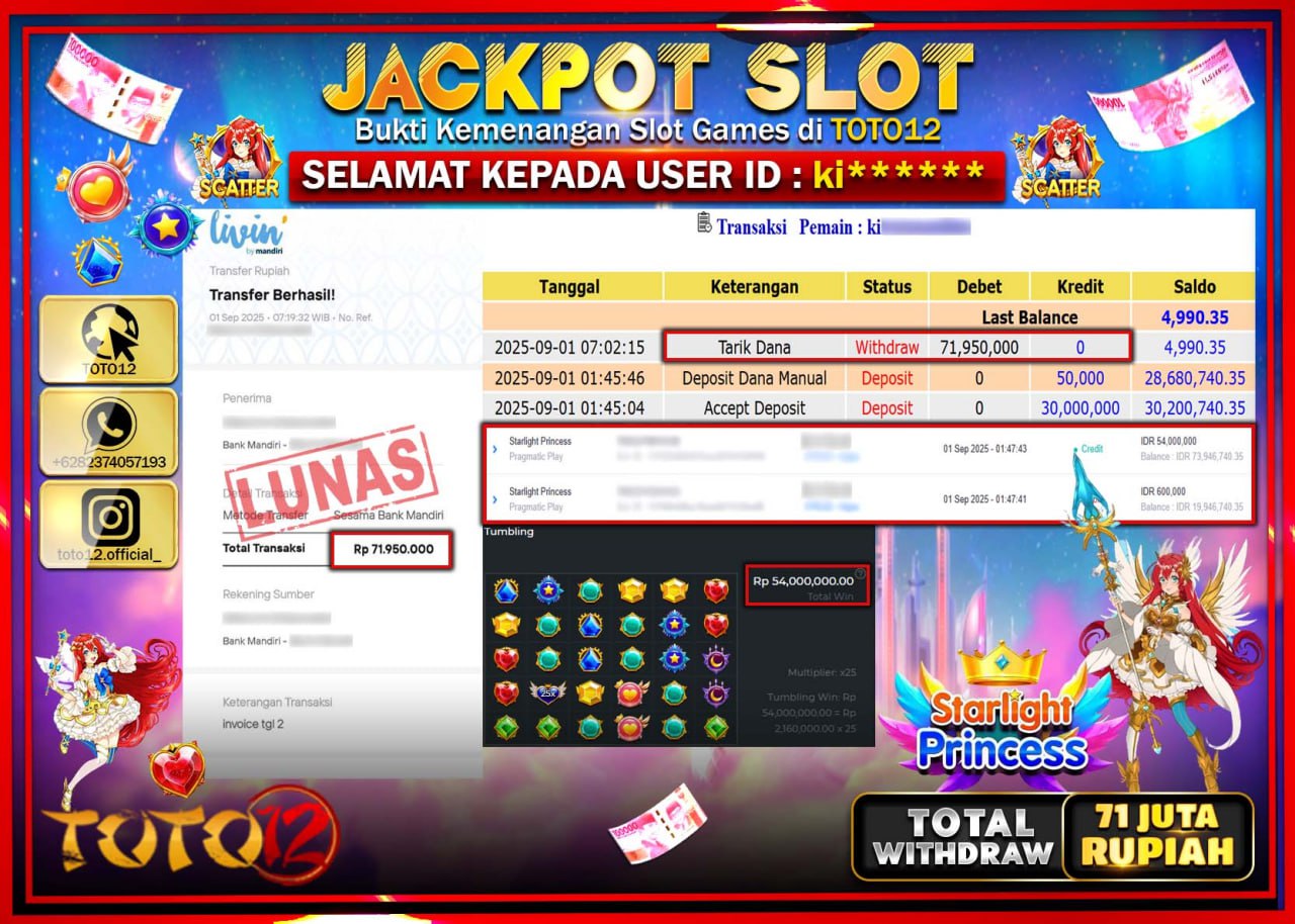 HANYA DI TOTO12 JP PASTI DI BAYAR LUNAS DAN CEPAT!!!!!! JACKPOT SLOT GAME (STARLIGHT PRINCESS) Rp.71.950.000 !!!!