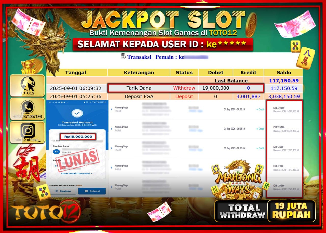 HANYA DI TOTO12 JP PASTI DI BAYAR LUNAS DAN CEPAT!!!!!! JACKPOT SLOT GAME (MAHJONG WAYS) Rp.19.000.000 !!!!