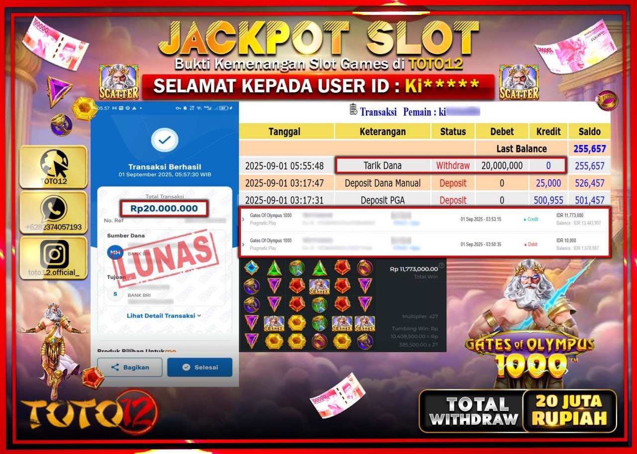 HANYA DI TOTO12 JP PASTI DI BAYAR LUNAS DAN CEPAT!!!!!! JACKPOT SLOT GAME (GATES OF OLYMPUS 1000) Rp.20.000.000 !!!!